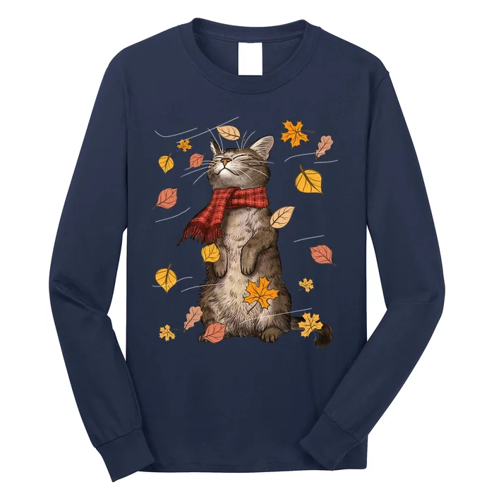 Cute Autumn Cat Fall Breeze Kitten Kitty Cat Lover Long Sleeve Shirt