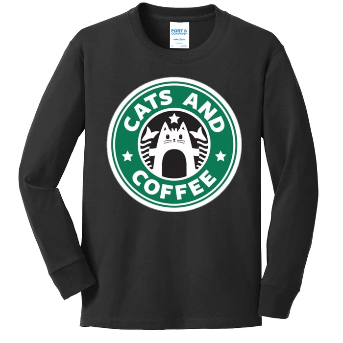 Cats And Coffee Funny Kitty Kids Long Sleeve Shirt