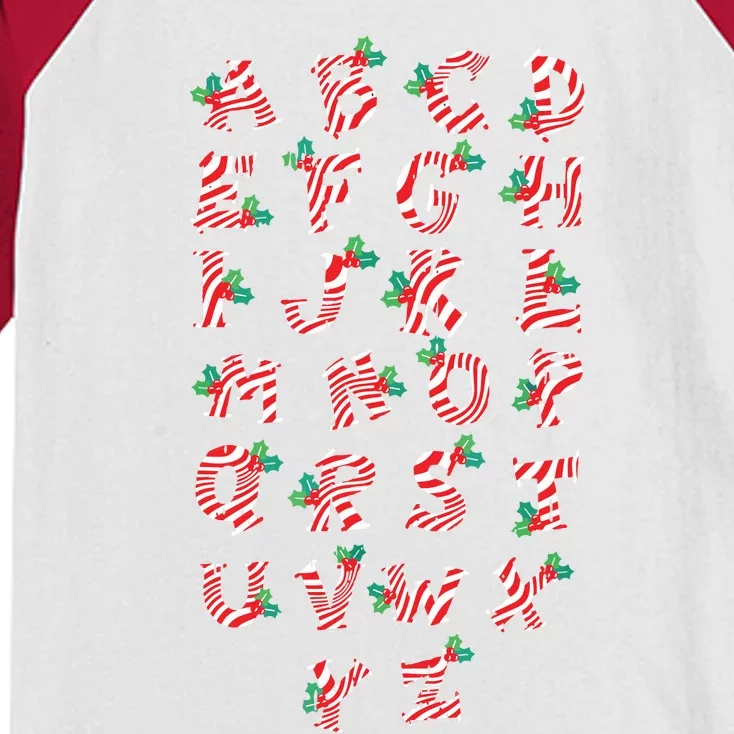 Christmas Alphabet Candy Cane Xmas Holiday Teacher Kids Colorblock Raglan Jersey