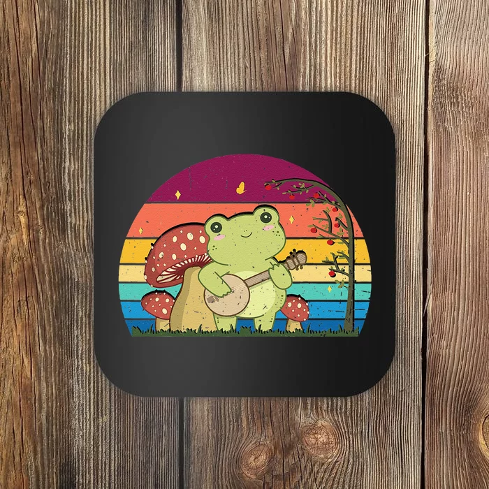 Cottagecore Aesthetic Cute Frog Banjo Mushroom Coaster