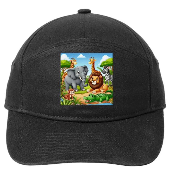 Cute Animals Cartoon Jungle Theme Cool Funny Animal Art 7-Panel Snapback Hat