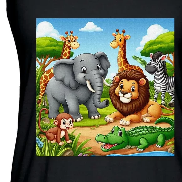 Cute Animals Cartoon Jungle Theme Cool Funny Animal Art Ladies Essential Flowy Tank