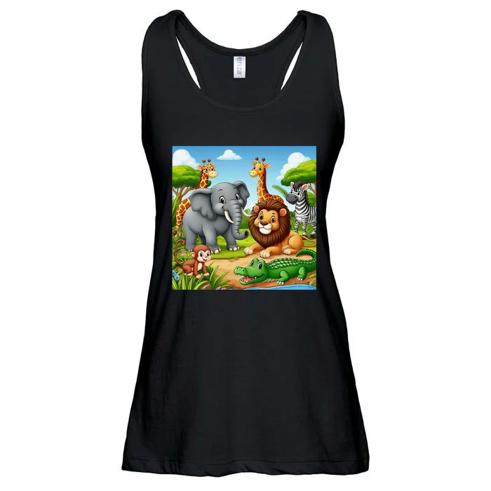 Cute Animals Cartoon Jungle Theme Cool Funny Animal Art Ladies Essential Flowy Tank