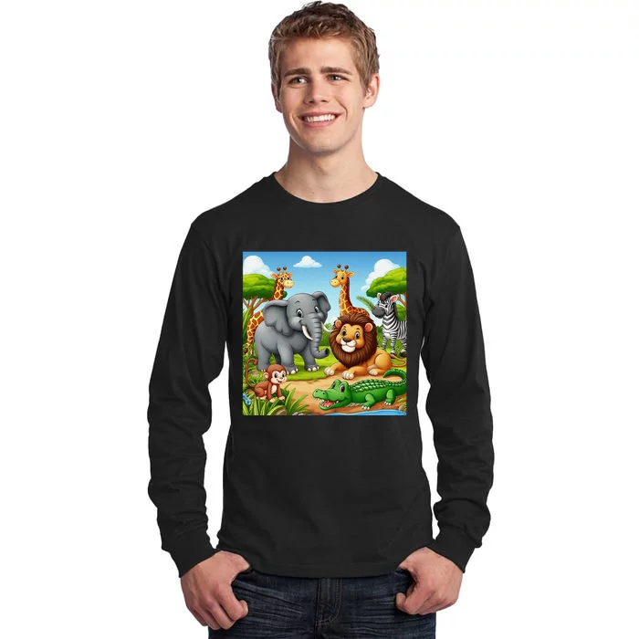 Cute Animals Cartoon Jungle Theme Cool Funny Animal Art Tall Long Sleeve T-Shirt