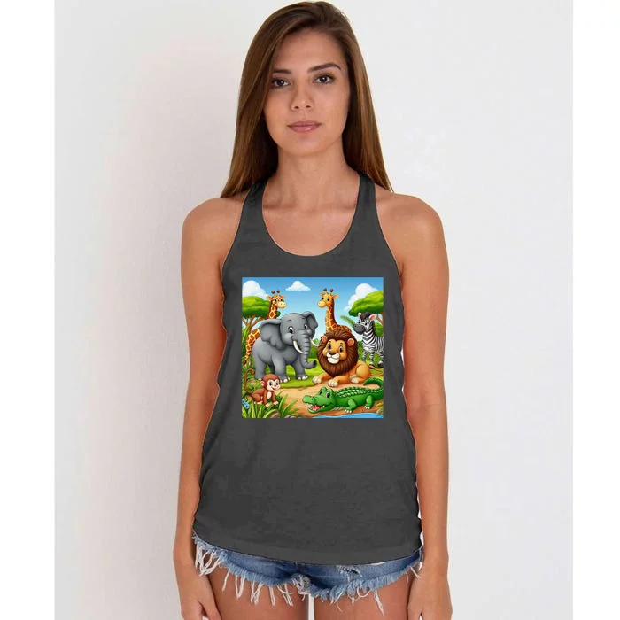 Cute Animals Cartoon Jungle Theme Cool Funny Animal Art Women's Knotted Racerback Tank