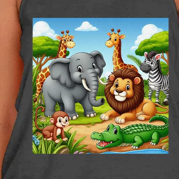 Cute Animals Cartoon Jungle Theme Cool Funny Animal Art Women's Knotted Racerback Tank