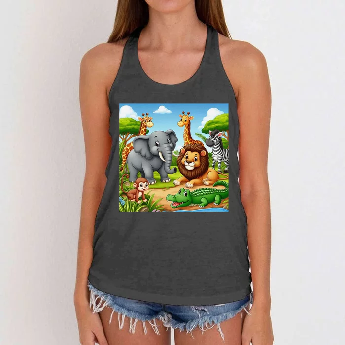 Cute Animals Cartoon Jungle Theme Cool Funny Animal Art Women's Knotted Racerback Tank