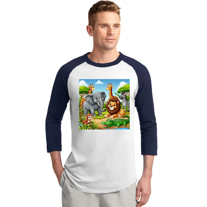 Cute Animals Cartoon Jungle Theme Cool Funny Animal Art Baseball Sleeve Shirt