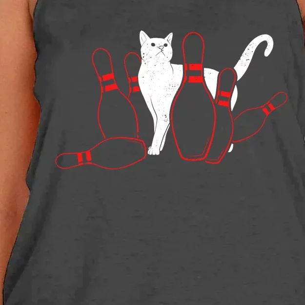 Cute Alley Cat Knocking Bowler Tipping Bowling Pin Kitty Women's Knotted Racerback Tank