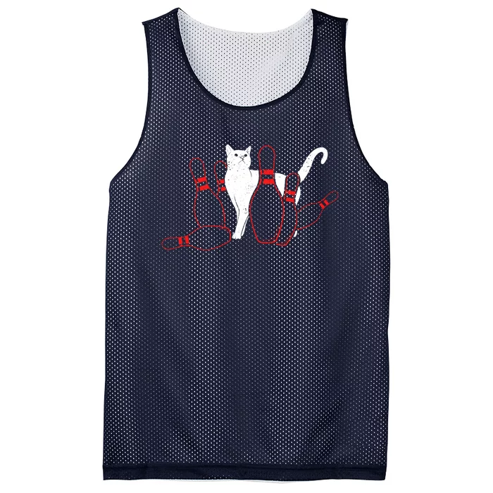 Cute Alley Cat Knocking Bowler Tipping Bowling Pin Kitty Mesh Reversible Basketball Jersey Tank