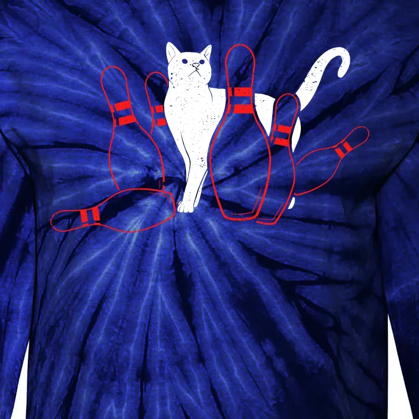 Cute Alley Cat Knocking Bowler Tipping Bowling Pin Kitty Tie-Dye Long Sleeve Shirt