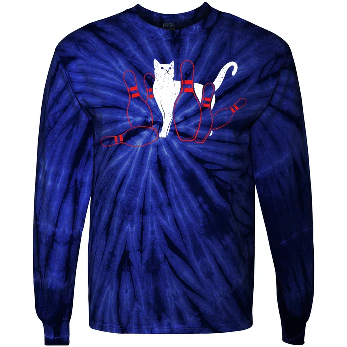 Cute Alley Cat Knocking Bowler Tipping Bowling Pin Kitty Tie-Dye Long Sleeve Shirt