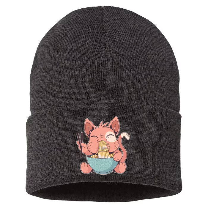 Cute Anime Cat Eating Ramen Japanese Kawaii Style Sustainable Knit Beanie