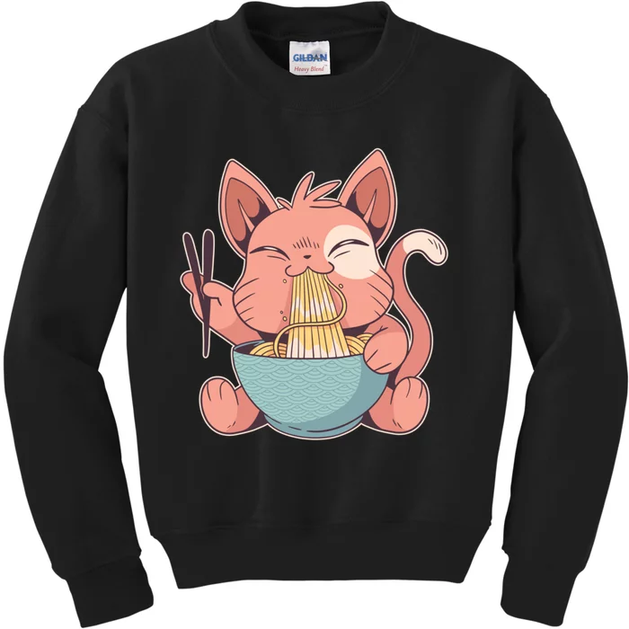 Cute Anime Cat Eating Ramen Japanese Kawaii Style Kids Sweatshirt