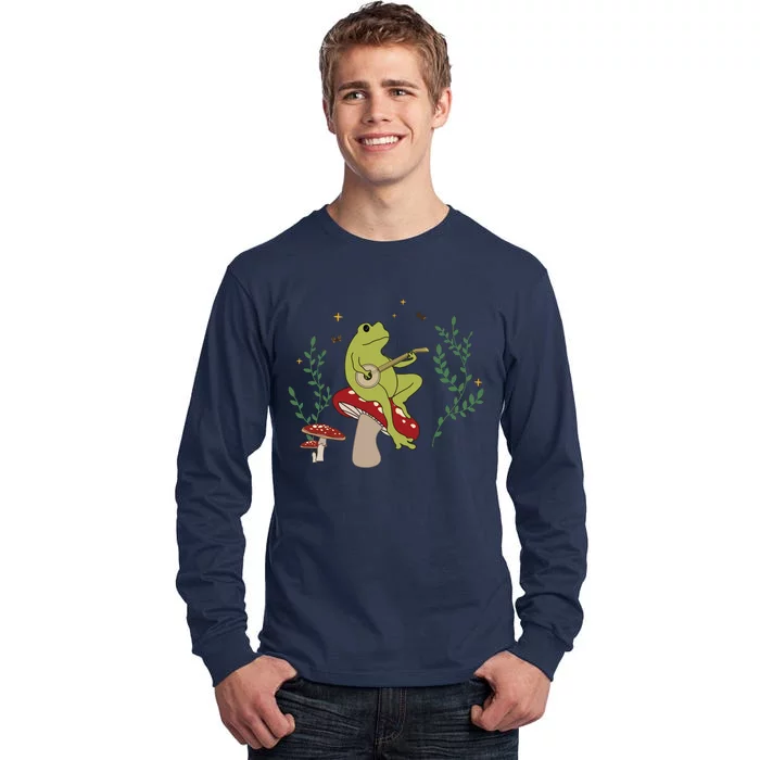 Cottagecore Aesthetic Cute Frog Playing Banjo On Mushroom Tall Long Sleeve T-Shirt