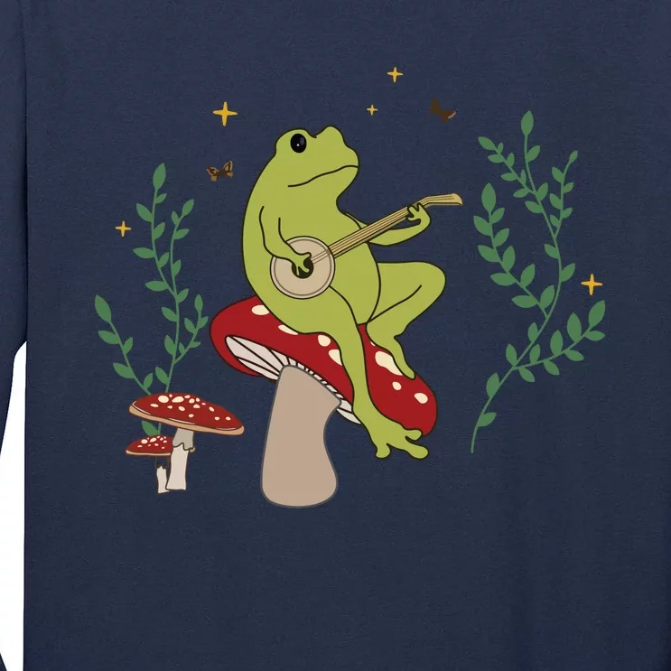 Cottagecore Aesthetic Cute Frog Playing Banjo On Mushroom Tall Long Sleeve T-Shirt