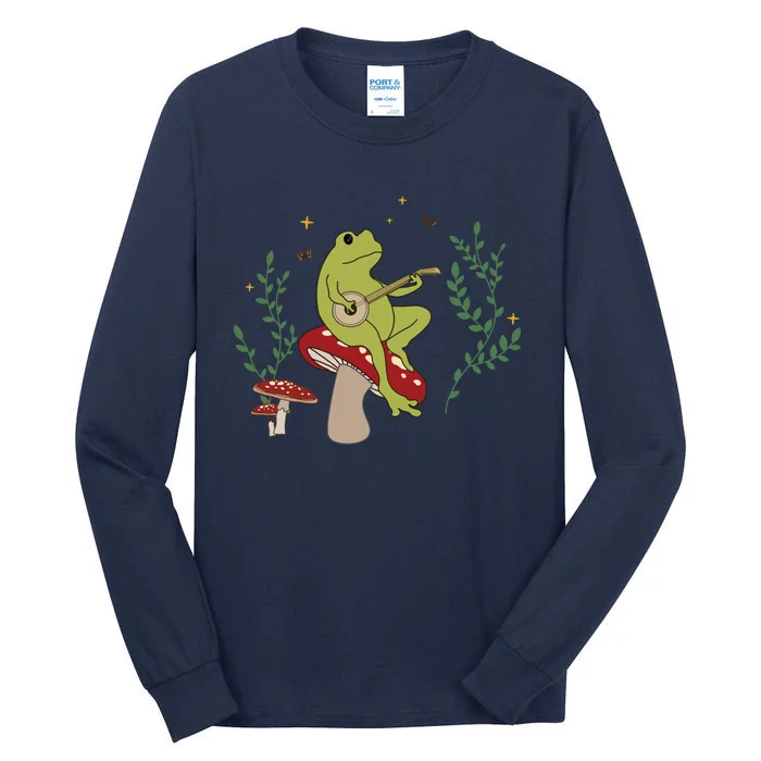 Cottagecore Aesthetic Cute Frog Playing Banjo On Mushroom Tall Long Sleeve T-Shirt