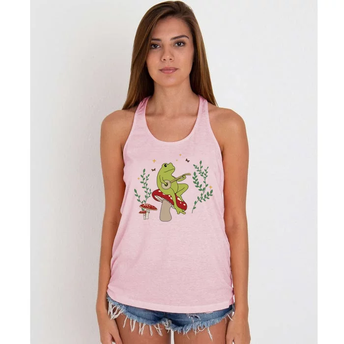 Cottagecore Aesthetic Cute Frog Playing Banjo On Mushroom Women's Knotted Racerback Tank