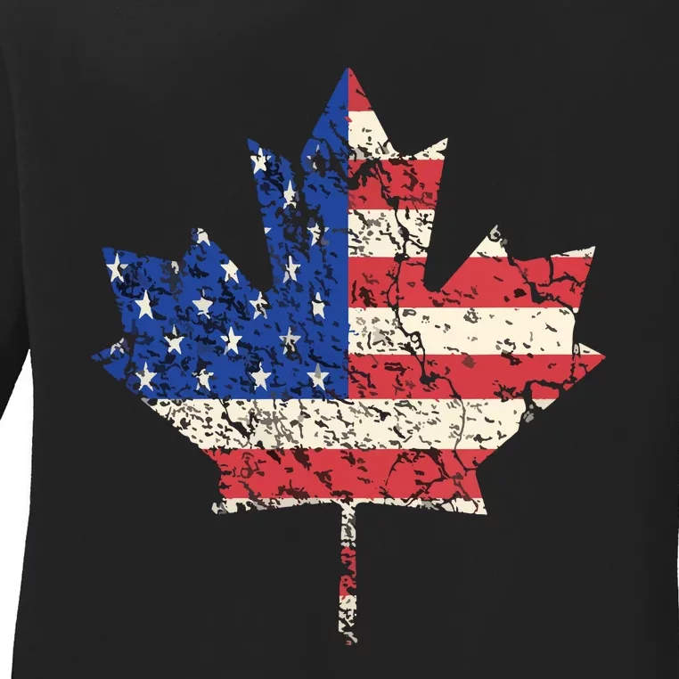 Combined American Canadian Flag USA Canada Maple Leaf Ladies Long Sleeve Shirt