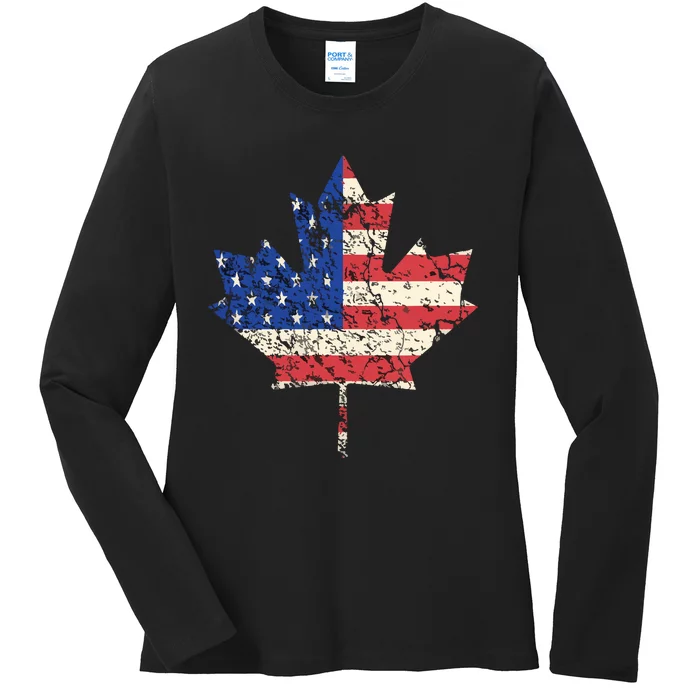 Combined American Canadian Flag USA Canada Maple Leaf Ladies Long Sleeve Shirt