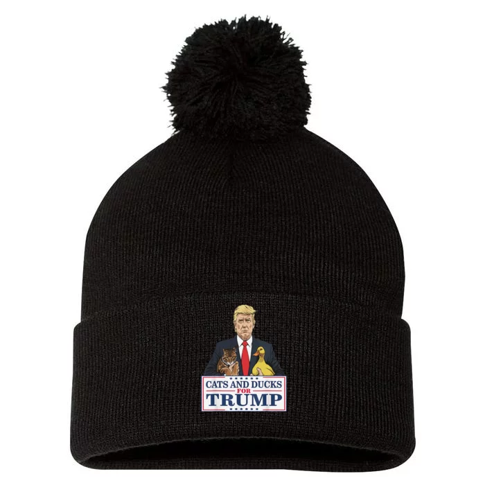 Cats And Ducks For Trump 2024 Kittens And Ducks For Trump Gift Pom Pom 12in Knit Beanie