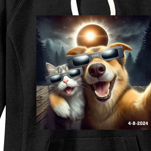 Cat And Dog Selfie With Solar 2024 Eclipse Wearing Glasses Women's Fleece Hoodie