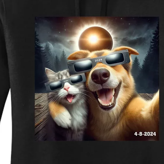 Cat And Dog Selfie With Solar 2024 Eclipse Wearing Glasses Women's Pullover Hoodie