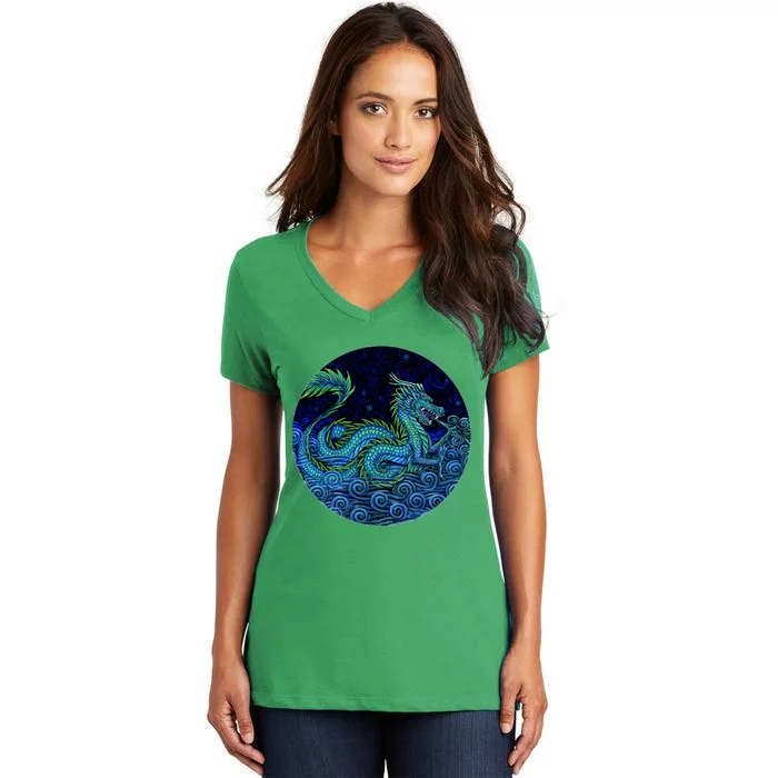 Chinese Azure Dragon Women's V-Neck T-Shirt