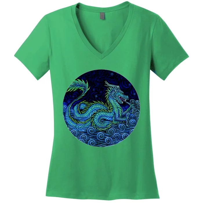 Chinese Azure Dragon Women's V-Neck T-Shirt