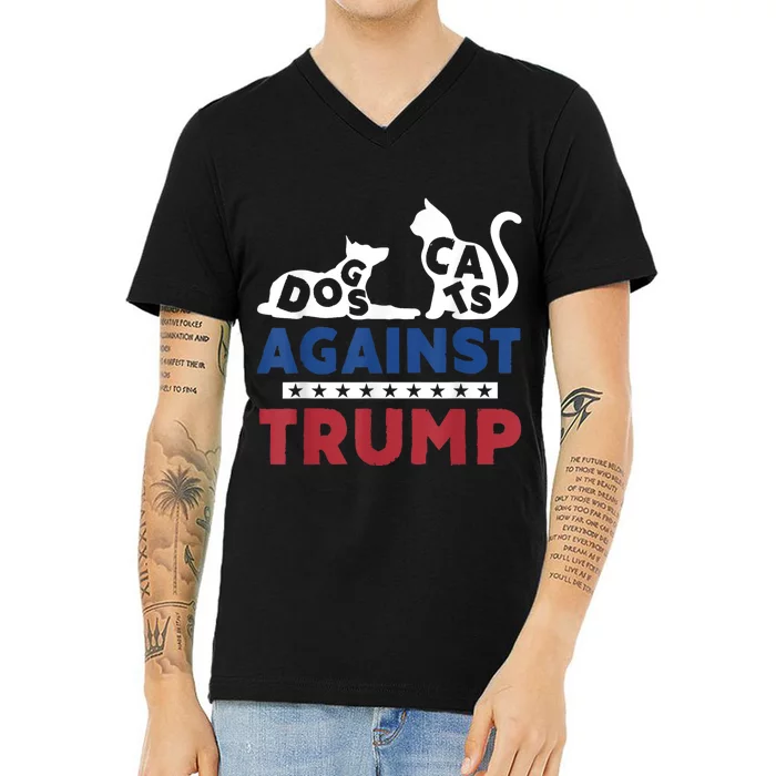 Cats And Dogs Against Trump 2024 Anti Trump Usa Flag V-Neck T-Shirt