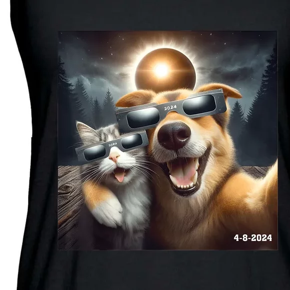 Cat And Dog Selfie With Solar 2024 Eclipse Wearing Glasses Ladies Essential Flowy Tank