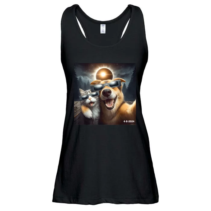 Cat And Dog Selfie With Solar 2024 Eclipse Wearing Glasses Ladies Essential Flowy Tank