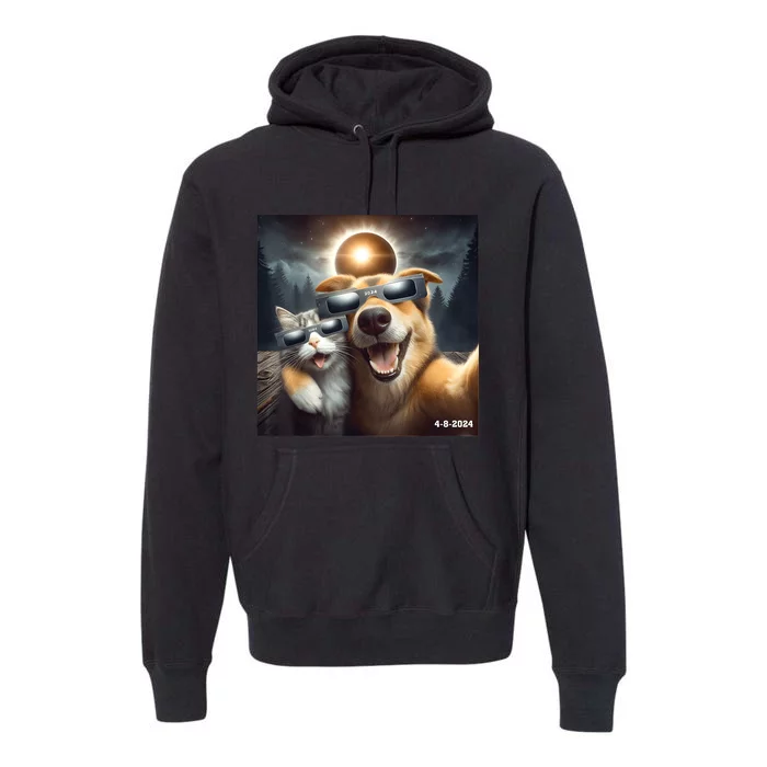 Cat And Dog Selfie With Solar 2024 Eclipse Wearing Glasses Premium Hoodie