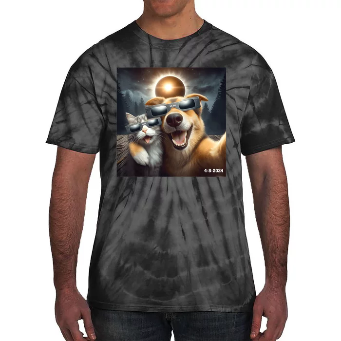 Cat And Dog Selfie With Solar 2024 Eclipse Wearing Glasses Tie-Dye T-Shirt