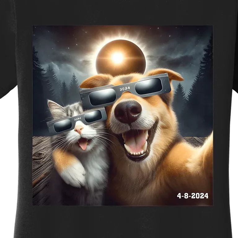 Cat And Dog Selfie With Solar 2024 Eclipse Wearing Glasses Women's T-Shirt