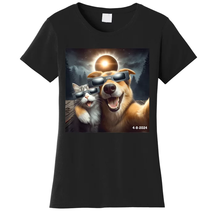 Cat And Dog Selfie With Solar 2024 Eclipse Wearing Glasses Women's T-Shirt