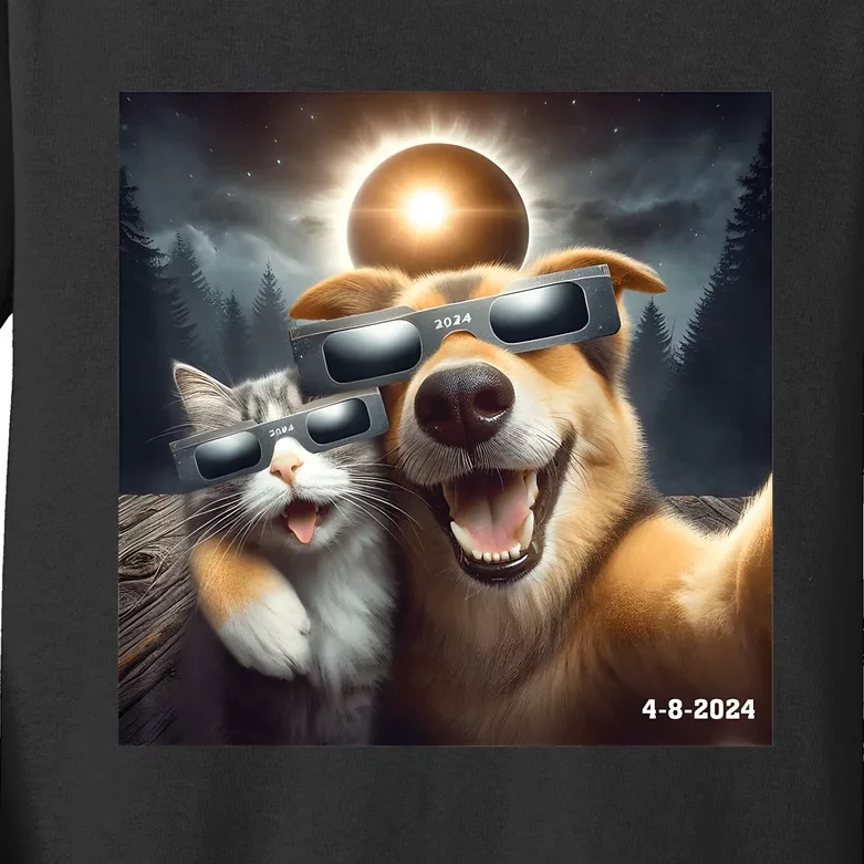 Cat And Dog Selfie With Solar 2024 Eclipse Wearing Glasses Kids Long Sleeve Shirt