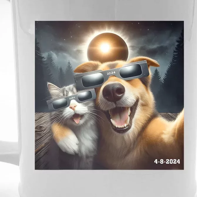 Cat And Dog Selfie With Solar 2024 Eclipse Wearing Glasses Front & Back Beer Stein