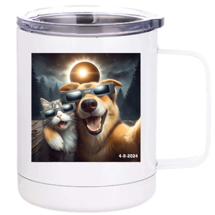 Cat And Dog Selfie With Solar 2024 Eclipse Wearing Glasses Front & Back 12oz Stainless Steel Tumbler Cup