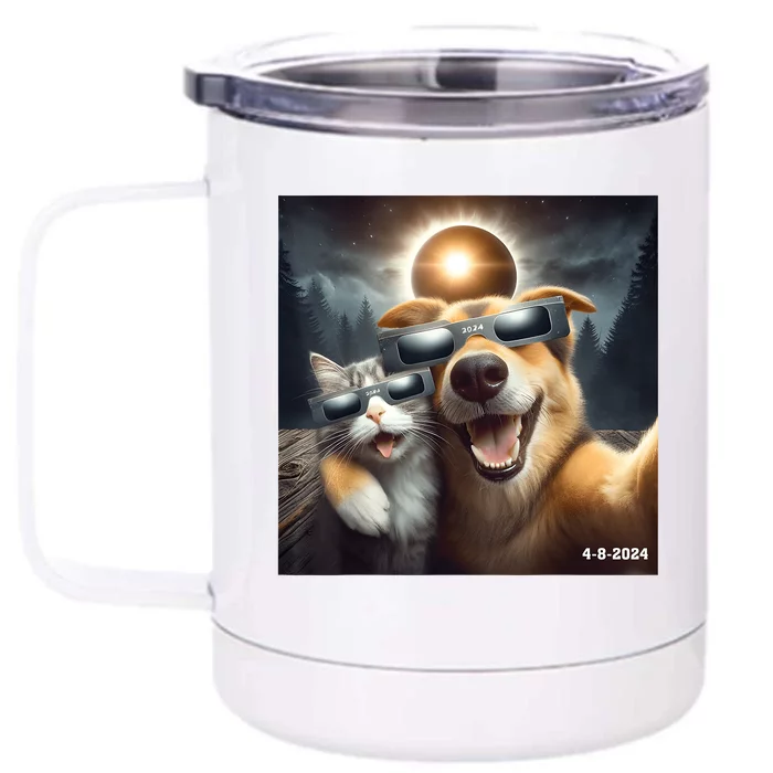 Cat And Dog Selfie With Solar 2024 Eclipse Wearing Glasses Front & Back 12oz Stainless Steel Tumbler Cup