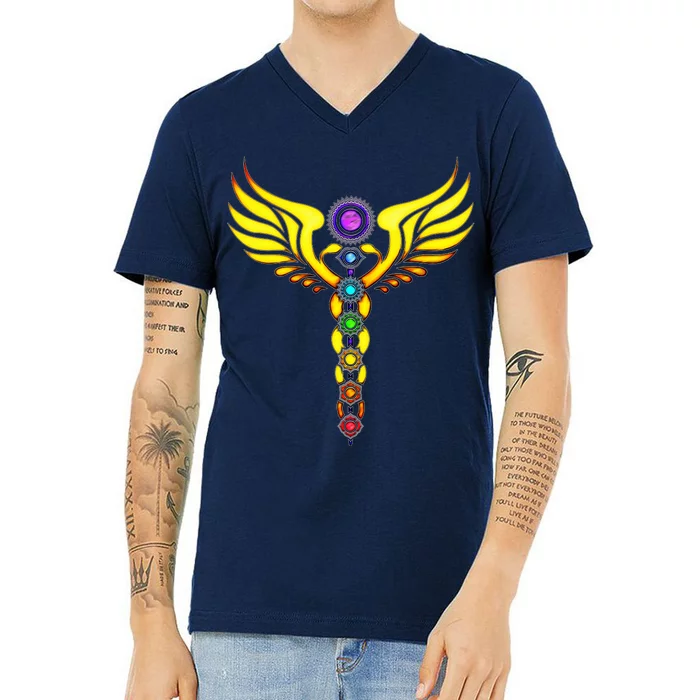 Caduceus With 7 Chakras V-Neck T-Shirt