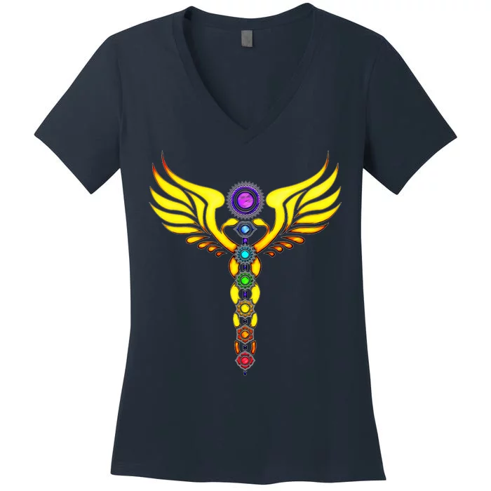 Caduceus With 7 Chakras Women's V-Neck T-Shirt