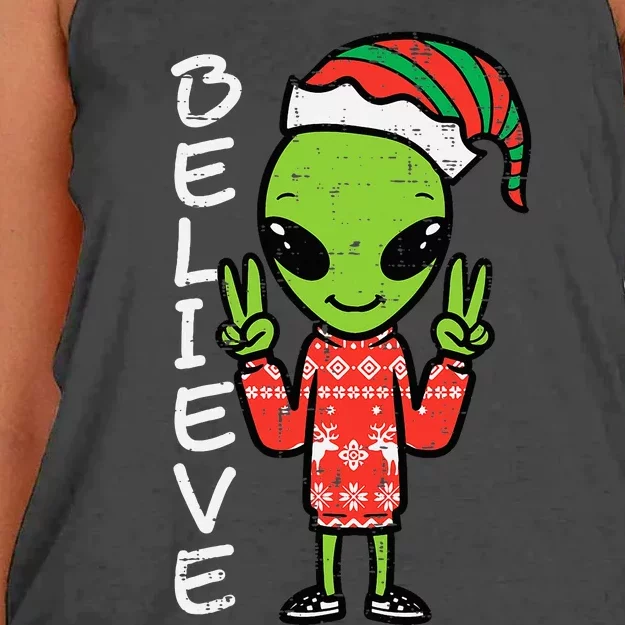 Christmas Alien Elf Believe Funny Xmas Space Women's Knotted Racerback Tank