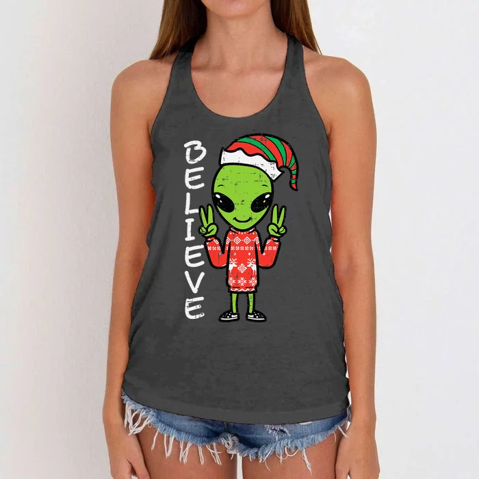 Christmas Alien Elf Believe Funny Xmas Space Women's Knotted Racerback Tank