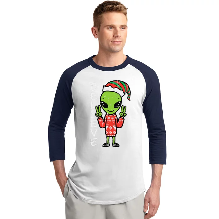 Christmas Alien Elf Believe Funny Xmas Space Funny Funny Baseball Sleeve Shirt