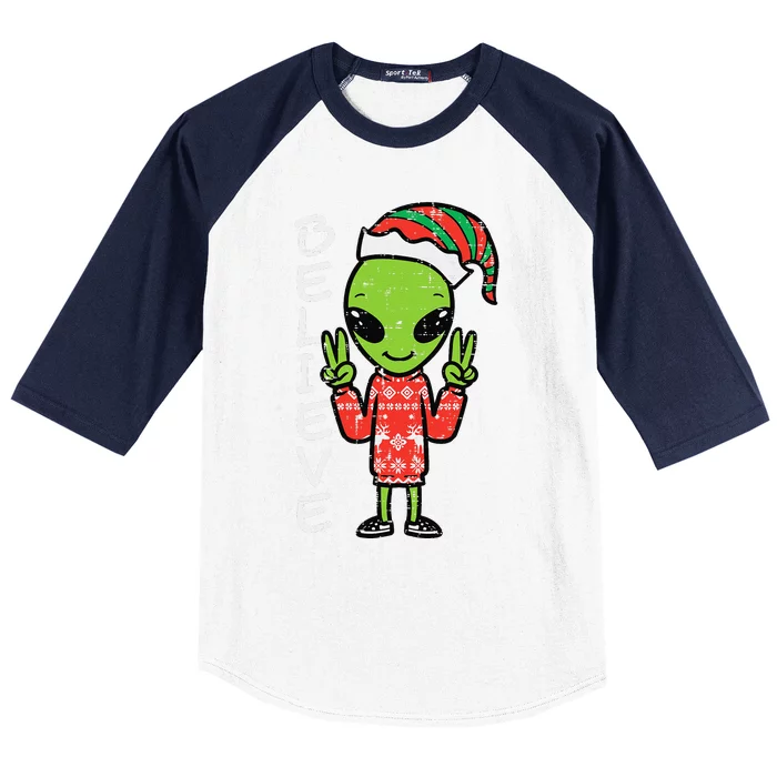 Christmas Alien Elf Believe Funny Xmas Space Funny Funny Baseball Sleeve Shirt