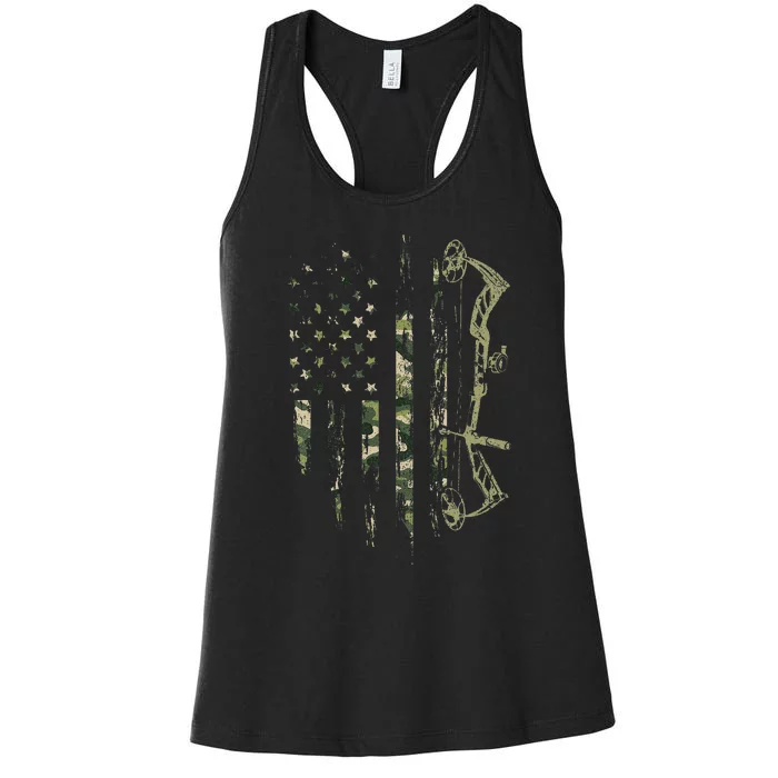 Camo American Flag Bowhunting Bow Archery Deer Hunting Gift Women's Racerback Tank