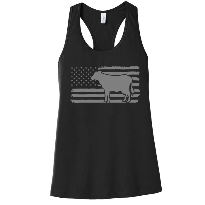 Cow American Flag with Cow Vintage Look Patriotic Famer Women's Racerback Tank