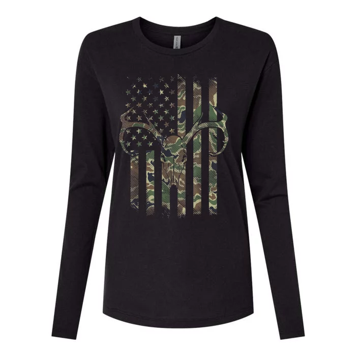 Camo American Flag Deer Hunter Hunting Gift Womens Cotton Relaxed Long Sleeve T-Shirt