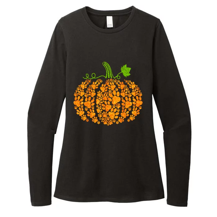 Cute Autumn Fall Pumpkin Dog Cat Paw Print Halloween Gift Womens CVC Long Sleeve Shirt